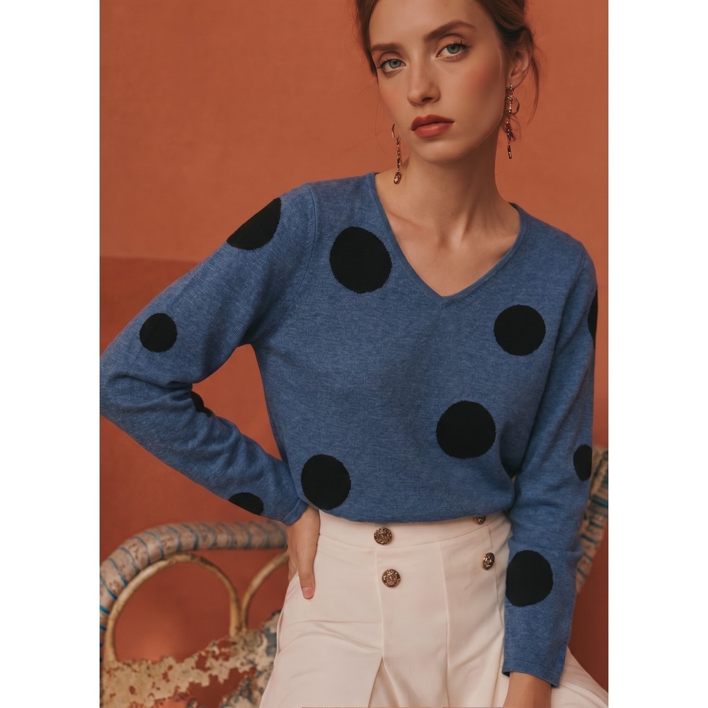 Chico's Women's Size 0 Small Blue Polka Dot Knit Sweater Casual Pullover Top